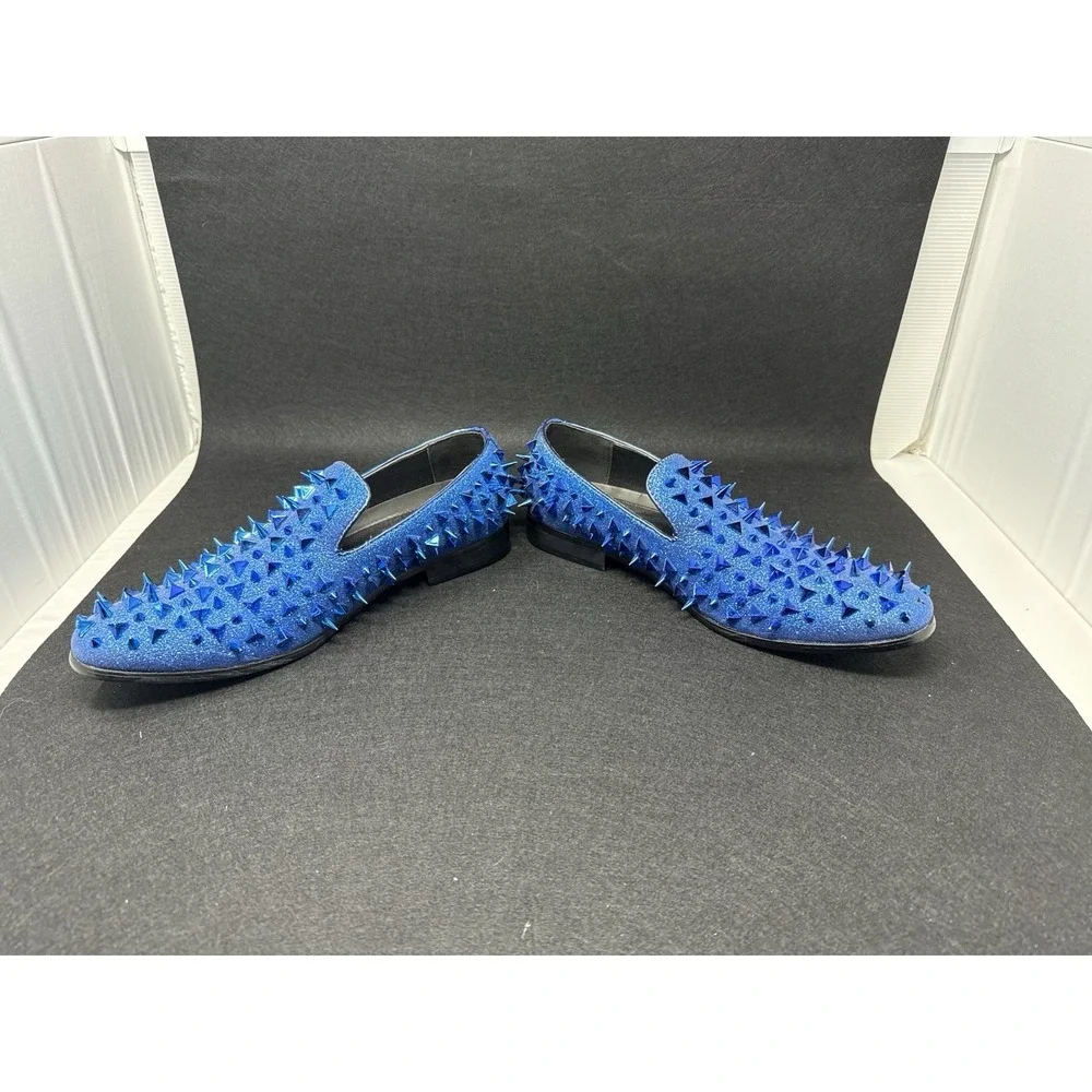 Bolano Mens Blue Spiked Loafers Glitter Studded Slip On Dress Shoes Size 10.5